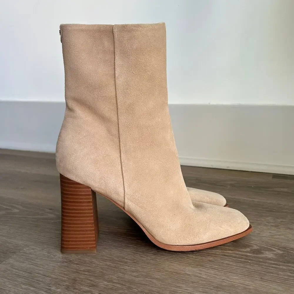 Sam Edelman Ivette Suede Ankle Booties Sesame Square Toe‎ Block Heel Size 9